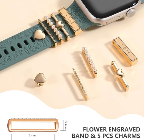 DaQin Flower Engraved Band Compatible with Apple Watch Bands 40mm for Women 38mm 41mm, Soft Silicone Sport Band With Decorative Apple Watch Charms...
