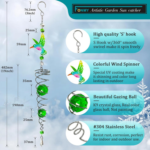 FONMY Hummingbird Gazing Ball Spiral Wind Spinner Sun Catcher Rainbow Maker Silver Spiral W/ K9 Green Crystal Ball Tree Hanging Ornament Indoor Ou...