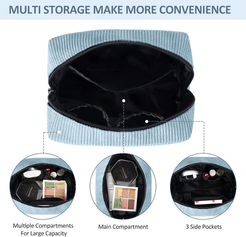 MAANGE Cosmetic Bags for Women Small Makeup Bag for Purse Corduroy Makeup Pouch Travel Makeup Bag with Metal Zipper Make Up Bag for Travelling(BLU...