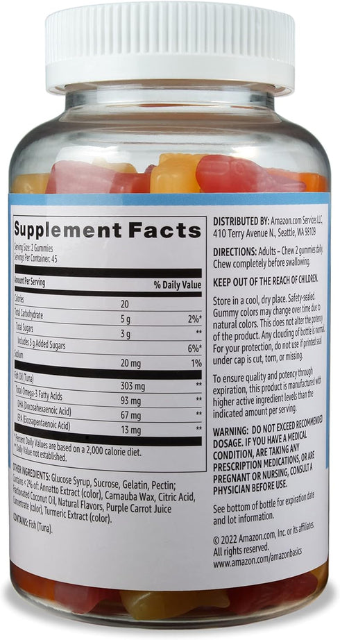 Amazon Basics Fish Oil 303 mg, Lemon, Orange & Strawberry-Banana flavors, 90 Gummies (2 per Serving), EPA and DHA Omega-3 fatty acids (Previously ...