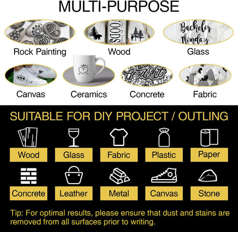 AKARUED Black Acrylic Paint Markers, 8 Pack Acrylic Black Paint Pen Sets for Rock Painting, Wood, Stone, Glass, Ceramic, Paper, Drawing, Art Proje...