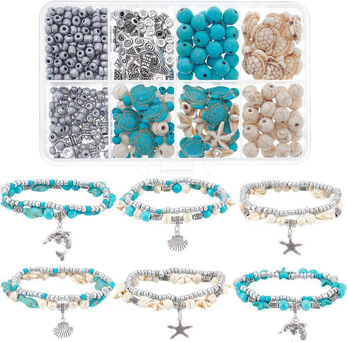 SUNNYCLUE 1 Box DIY 6 Sets Summer Beach Bracelet Making Kit Bohemian Double Layered Bracelet Turtle Starfish Bead Fish Dolphin Charms Hawaii Sea A...
