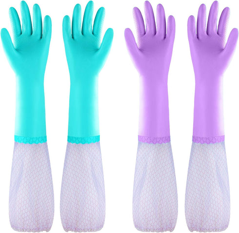 Reusable Long Sleeve Dishwashing Cleaning Gloves with Latex Free,Cotton Lining,Kitchen Gloves 2 Pairs,Purple+Blue M...