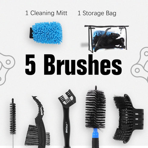 Bike Cleaning Kit (6 Pcs) with 1 Storage Bag, 5 Brushes for Tires, Chain, Sprockets, Cranks, Hubs, and Spokes, 1 Cleaning Mitt for Frame, Saddle, ...