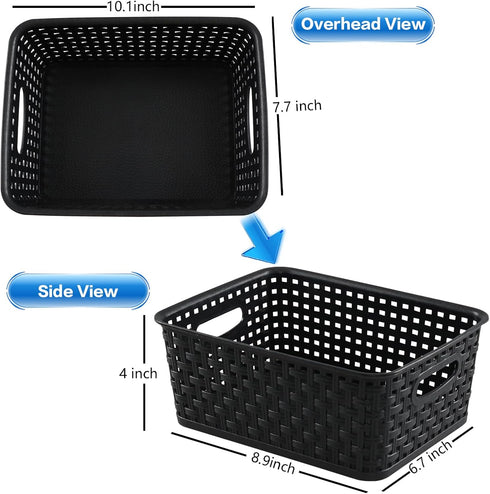 6 Pack Plastic Pantry Weave Storage Basket Bin, Black...