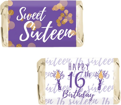 Purple and Gold Sweet 16 Birthday Party Mini Chocolate Candy Bar Wrappers - Sweet Sixteen Party Favor Stickers - 42 Stickers...