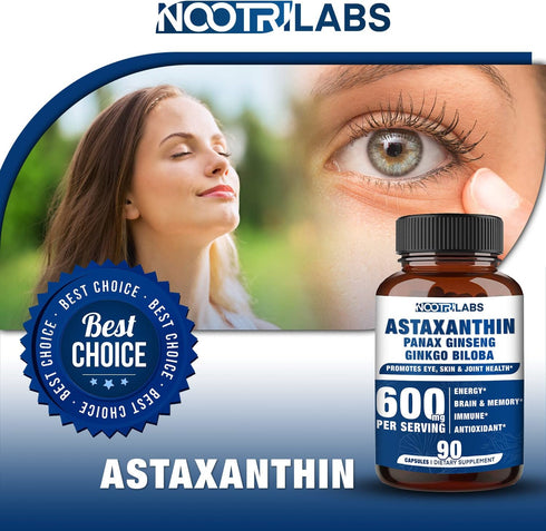 Astaxanthin 15mg + Panax Ginseng, Ginkgo Biloba Supplements, 90 Vegan Capsules, Promotes Eye, Skin, Joint Health Energy, Cardiovascular Support + ...