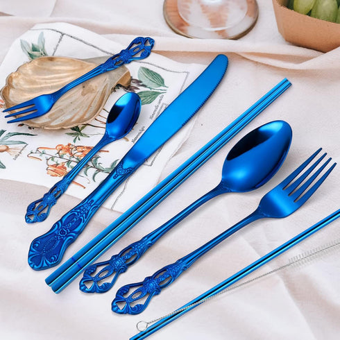AARAINBOW 7 Pieces Stainless Steel Flatware Set Portable Reusable Cutlery Set Travel Utensils Set Including Chopsticks Knife Fork Spoon Straws Cle...