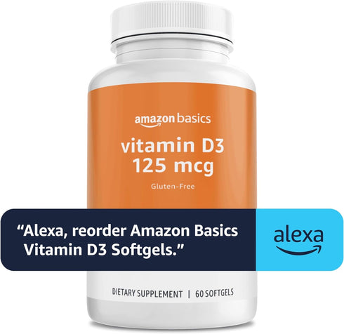 Amazon Basics Vitamin D3 125 mcg, 60 Softgels (1 per serving), Gluten Free...
