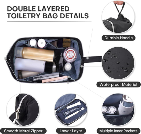 Travel Toiletry Bag for Men Women - Double Layer Waterproof Cosmetic Bag with Wet Dry Separation, Portable Shaving Dopp Kit Bathroom Hygiene Bags,...
