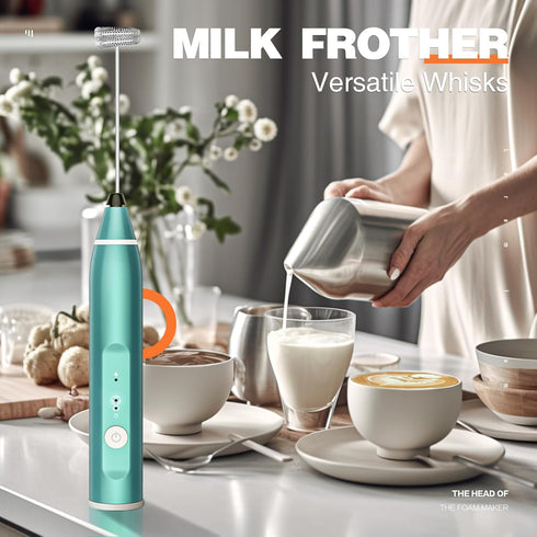 Milk Frother Rechargeable Handheld Electric Whisk Coffee Frother Mixer with 3 Stainless whisks 3 Speed Adjustable Foam Maker Blender for Coffee Ma...