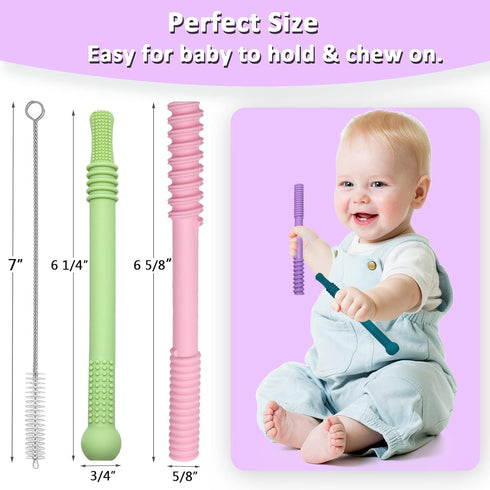 Teether Tubes for Babies 6 12 18 Months, 4 Pack Hollow Straw Toddler Teether Toys for molars, Silicone Chew Tube for Sensory Kids with Chewing or ...