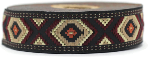 11 Yard Spool 0.98 inches Wide Brown&Claret Red Geometric Jacquard Ribbon Sewing Trim Upholstery Fabric 25952 V3...