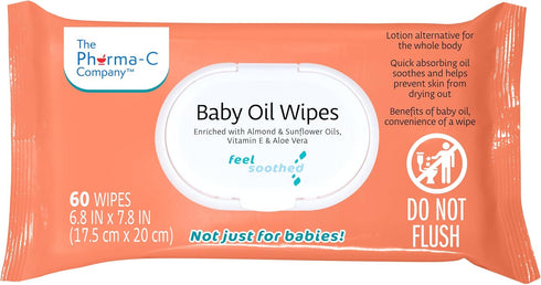 *NEW* The Pharma-C Company Baby Oil Wipes. (60 Wipes) Enriched with Almond and Sunflower Oils, Aloe and Vitamin E....