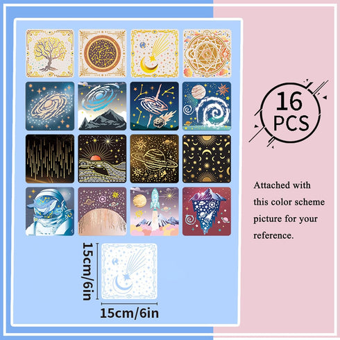 Sun Moon Stars Stencils Set (16 Designs, 6x6 in) | 16pcs Reusable Outer Space Stencils | Astronaut Universe Galaxy Planets Theme Drawing Templates...