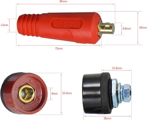 RIVERWELD TIG Welding Cable Panel Connector Socket Set DKJ10-25 & DKZ10-25 Quick Fitting Dinse-Style 200Amp 4pcs...