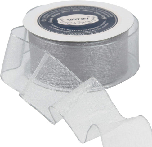 VATIN Silver Organza Wired Ribbon, 1-1/2" Silver Sheer Ribbon with Metallic Edge for Christmas Tree Decoration Gift Wrapping Wedding Crafts -25 Ya...