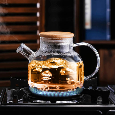 PARACITY Glass Teapot Stovetop 34 OZ/1000ml, Borosilicate Clear Tea Kettle with Bamboo Lid, Glass Tea pot with Removable Filter Spout, Teapot Bloo...