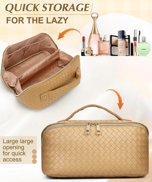 Makeup Bag Cosmetic Bag, Travel Makeup Bag Portable PU Leather Waterproof Bags with Handle Makeup Bags for Women Portable Pouch Open Flat Make Up ...