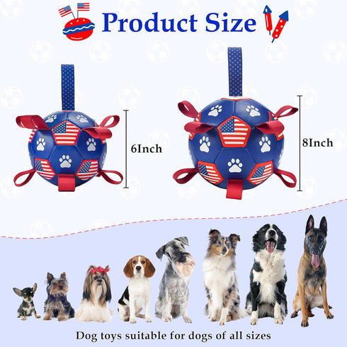 Dog Soccer Ball with Straps 4th of July Dog Toy Dog Interactive Ball Toy for Tug of War Independence Day Dog Tug Ball Toy with American Flag Patte...