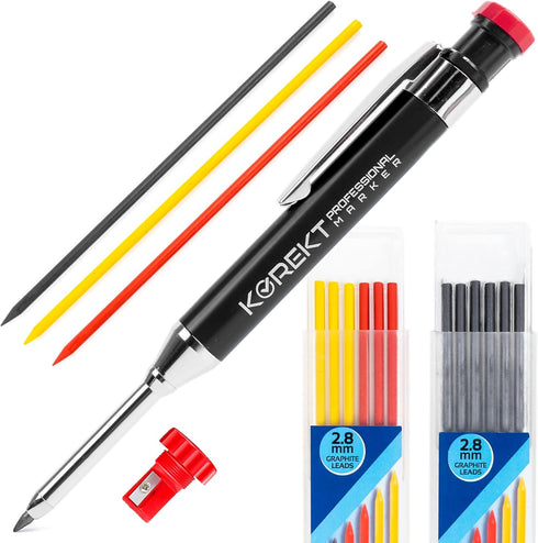 KOREKT Professional Marker, Heavy Duty Mechanical Carpenter Pencil Set | 12 Refills and Built-in Sharpener | Construction, Woodworking, Welding, C...