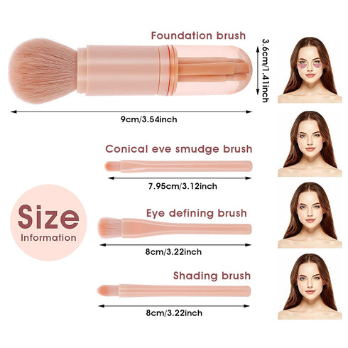 Retractable Makeup Brush, 4 in 1 Portable Travel Lip Brush, Highlight Brush, Eyeshadow Brush, Foundation Blending Powder Brush Mini Facial Cosmeti...