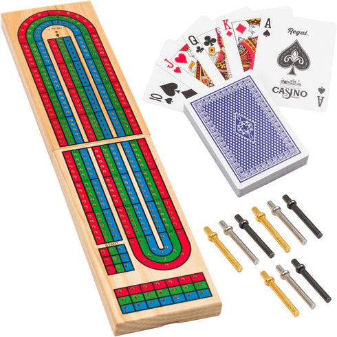 Regal Games Cribbage Board Game Set w/Storage - Fun Table Game with Wooden Board for Adults & Kids - 9 Metal Pegs, Deck of Playing Cards & 2-4 Pla...
