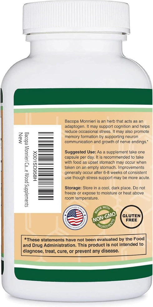 Bacopa Monnieri Capsules 20% Bacosides 450mg, 90 Count (Non-GMO, Gluten Free) Brahmi Extract (Memory Supplement for Brain Health, Focus, and Cogni...