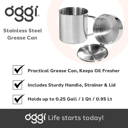 OGGI Stainless Steel Grease Container with Handle, Removable Strainer and Flip Top Lid. Perfect container for fryer oil, bacon drippings, lard and...