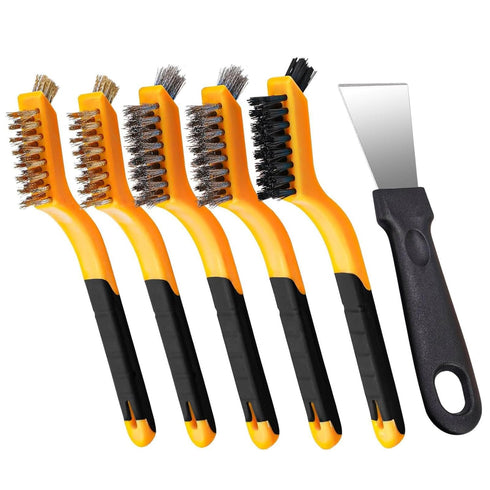 6 Pcs Wire Brush, Wire Brush Set, Brass/Nylon/ Steel Brush and Cleaning Spatula, Premium Metal Brush with Curved Handle Grip, Wire Brushes for Cle...
