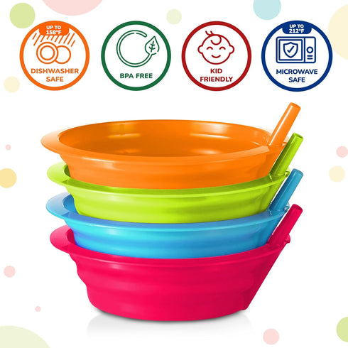Kids Cereal Bowls with Straws - Set of 6 Plastic Bowl with Straw For kids BPA Free Dishwasher and Microwave Safe - 22 Oz Toddlers Bowls with Built...