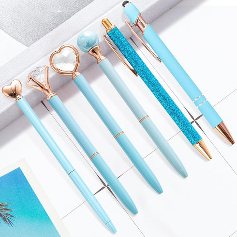 Fancy Pens for Women, 6 Pcs Blue Pens Ballpoint Pens Bulk, 1.0mm Medium Point Black Ink Pens for Note Taking, Cute Pens Smooth Writing Pens Gifts ...