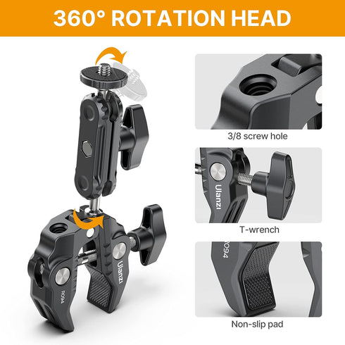 R094 Super Clamp Multi-Functional Camera C Clamp Mount, 1/4" Ball Head Monitor Mount 3/8" Hole Adjustable Video Shooting, Mobile Clamp for Gopro A...