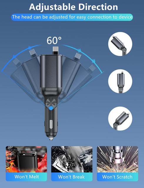 ?Upgraded?Retractable Car Charger 4 in 1, 105W Fast Car Phone Charger with Retractable Cord 2.6ft, USB C and USB Car Charger Adapter, Compatible w...