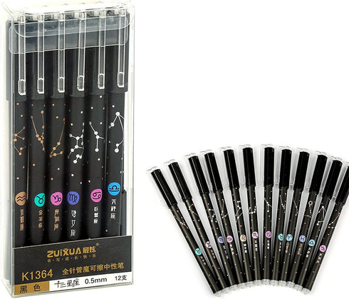 Gel Ink Pens 12PCS Erasable, with Eraser 0.5mm Fine Point Black/Blue 12 Constellations Ink Medium Point Creativity for Journaling Writing Drawing ...