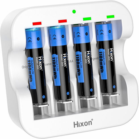 Hixon 1.5V AAA Rechargeable Lithium Batteries,4-Pack 1100mWh Pre-Charged Triple AAA Li-ion Battery & 1H Ultra Fast Charger for Home and Office Dev...