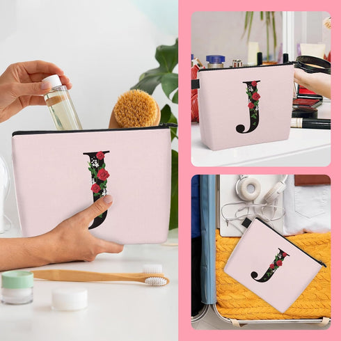 Initial Letter J Makeup Bag for Women Girl, A-Z Personalized Makeup Bag Pink Monogram Cosmetic Bag, Custom Graduation Nurse Week Gift Birthday Bri...