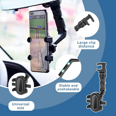 Car Rearview Mirror Phone Holder, 360 Degree Adjustable Multifuctional Auto Rear View Mirror Phone Mount, Universal Vehicle Phone Holder for All M...