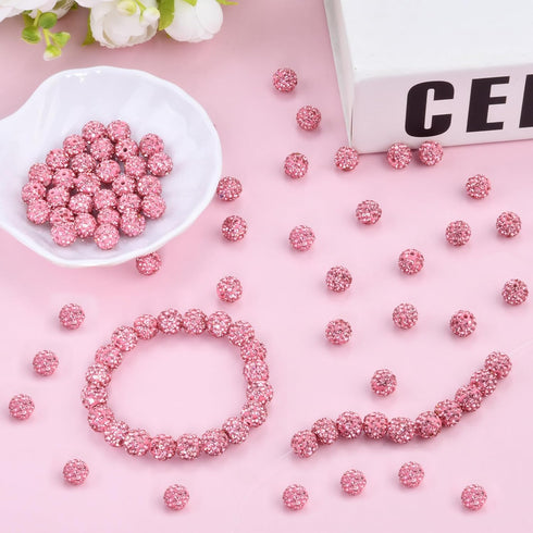 Abitoncc 180pcs 10mm Rhinestone Clay Beads for Jewelry Making, Pink Crystal Round Disco Ball AAA+ Grade Beads Bulk, Sparkly Diamond Bling Baseball...