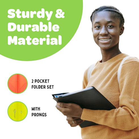 2 Pocket Multicolor Plastic Folders with Prong Fasteners, Black, Red, Green, Blue, Yellow, Orange, 6 Pack Plastic Folders...