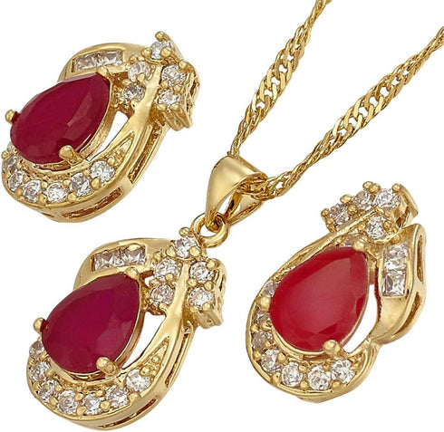 RIZILIA Pear Cut Red Ruby Yellow Gold Plated Jewelry Set, Pendant with 18" Chain Stud Earrings...
