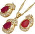 RIZILIA Pear Cut Red Ruby Yellow Gold Plated Jewelry Set, Pendant with 18" Chain Stud Earrings...
