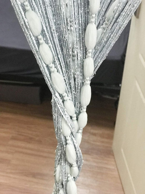 Door String Curtain Flat Silver Ribbon Thread with Shaggy Tassel Room Divider, 39’’x79’’ (Grey-style2)...