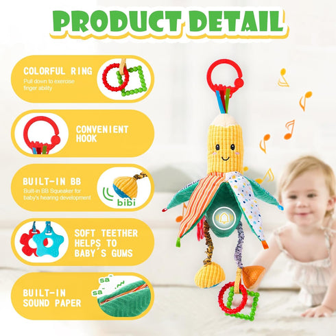 Hanging Rattles Toys, Car Seat toys for babies 0-6 months, Newborn Crib Toys Sensory Corn Soft stuff Baby Stroller Toys with Crinkle, Squeaky & Te...