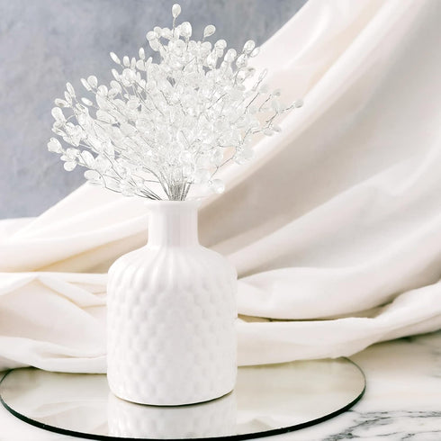 Kisangel White Artificial Flowers 50Pcs Artificial Flower Stem with Crystal Acrylic Bead Drop Pearl Sticks Beaded String Bridal Bouquet Picks for ...