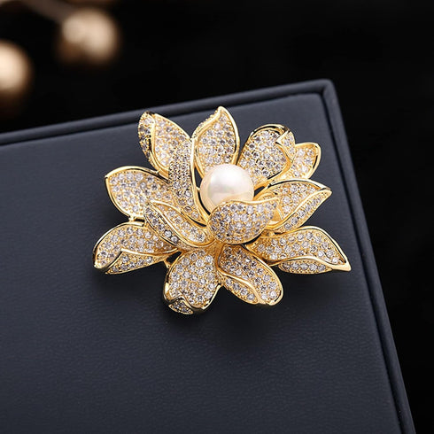 Sparkling Gold Tone Imitated White Pearl Zircon Lotus Flower Brooch Pin Ladies Jewelry...