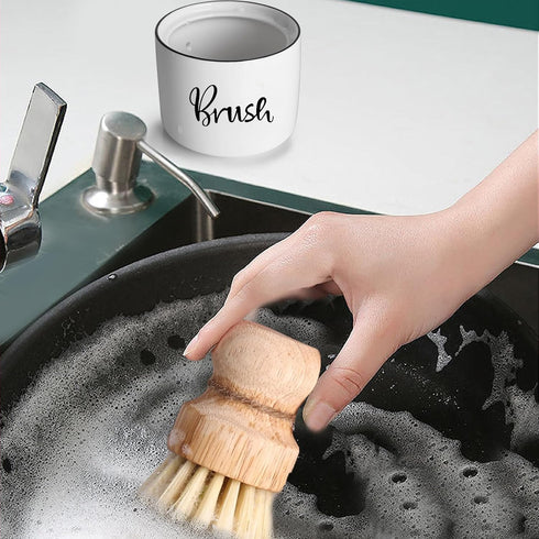 Ceramic Dish Brush Holder, Farmhouse Scrub Brush Holder Dishwashing Brush Stand, Soap Dispensing Kitchen Brushes Holder, Easy to Clean, 8 oz (Whit...