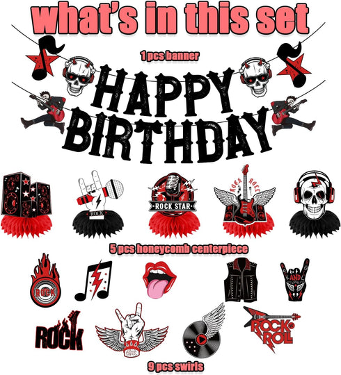 LARRAZABAL Rock and Roll Birthday Party Decorations Music Themed Party Decorations Include Happy Birthday Banner Hanging Swirls and Honeycomb Cent...