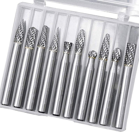 10pc Tungsten Carbide Burr Set 1/4" Shank Double Cut Rotary Cutting Burr Set Die Grinder Bits for Steel Metal Wood Woodworking Carving, Polishing,...