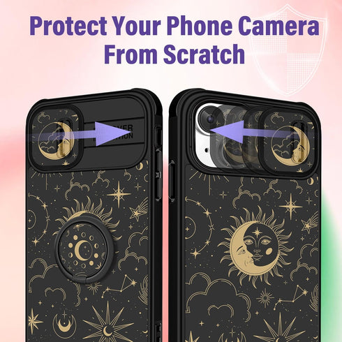 (2in1 for iPhone 15 Plus Case for Women Girls Cute Sun Moon Star Cover Girly Pretty Black Aesthetic Unique Design with Camera Cover and Ring Stand...